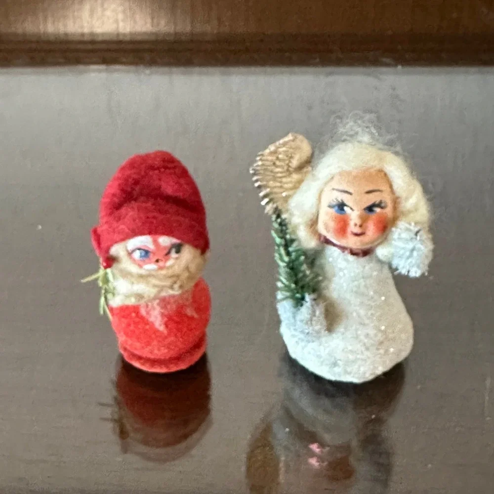 Vintage MCM Christmas Figurines Sugared Gnome Santa and Angel Japan 2pc Set
